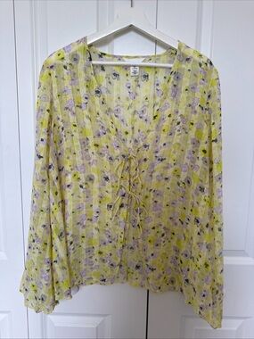H&M Tie Front Floral Flowy Blouse Top Beach Coverup Summer Resort Y2K Romantic